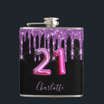 21st birthday black purple glitter script friends hip flask<br><div class="desc">A gift from friends for a girly and glamourous 21st birthday girl. A classic black background with purple faux glitter drips, paint dripping look. Personalise and add a name.The text: The name is written in violet with a modern hand lettered style script. Age 21 is written with a trendy balloon...</div>