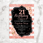 21st Birthday Black Rose Gold and White Stripes Invitation<br><div class="desc">21st Birthday Invitation.
Elegant rose gold white and black design with faux glitter. Features stripes,  blush pink roses,  script font and confetti. Perfect for an elegant birthday party.</div>