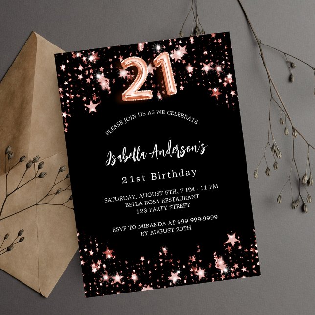 21st birthday black rose gold stars invitation postcard (Creator Uploaded)