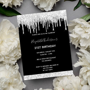 21st birthday black silver glitter drip invitation postcard