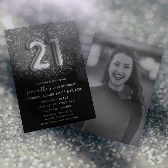21st Birthday Black Silver Glitter Party Invitation (Creator Uploaded)