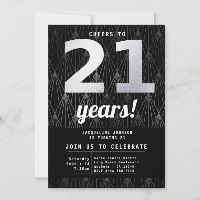 21st Birthday Black Silver Party Invitation (Front)