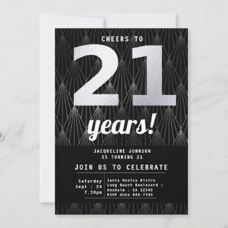 21st Birthday Black Silver Party Invitation