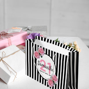 21st birthday black stripes pink roses name large gift bag