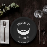 21st birthday black white beard fun guys men paper plate<br><div class="desc">A modern paper plate for a 21st birthday party for guys in black and white.  With the text: Hello 21. With an image of a beard. Templates for a name and date.
Matching napkins available in our store!</div>