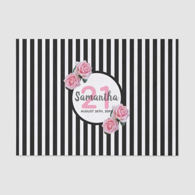21st birthday black white stripes pink roses tissue paper (Front)