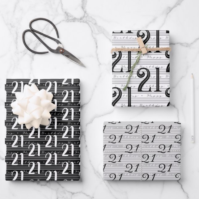 21st Birthday Black White Typography Numbers Wrapping Paper Sheet (Front)