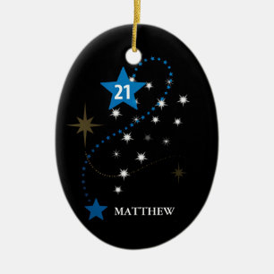 21st Birthday Blue and Black Personalised Ceramic Tree Decoration