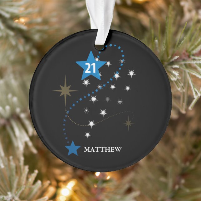 21st Birthday Blue and Black Personalised Ornament (Tree)