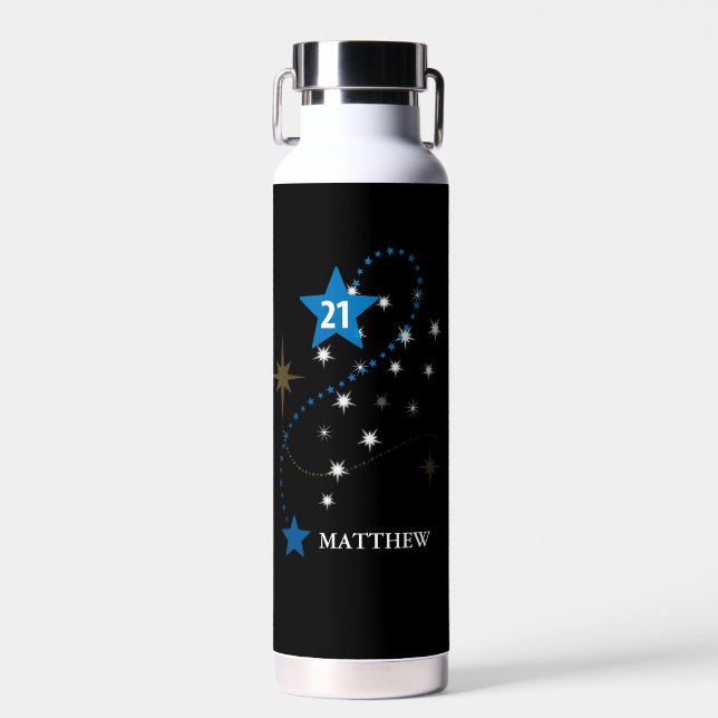 21st Birthday Blue and Black Personalised Water Bottle (Front)