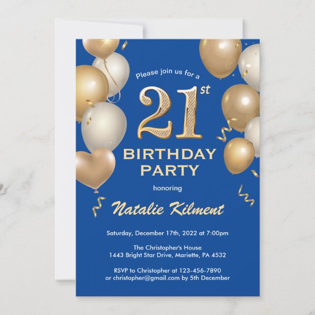 21st Birthday Blue and Gold Glitter Balloons Invitation (Front)
