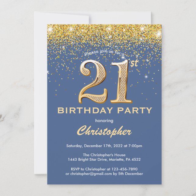 21st Birthday Blue and Gold Glitter Confetti Invitation (Front)