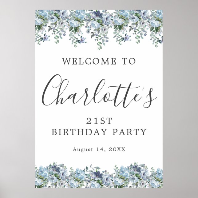 21st Birthday Blue Floral Printable Welcome Sign (Front)
