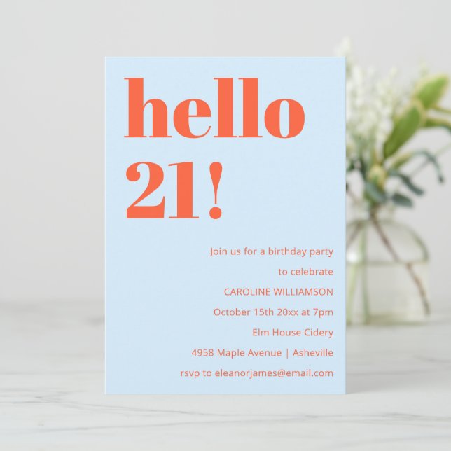 21st Birthday Blue Orange Bold Modern Bright Invitation (Standing Front)