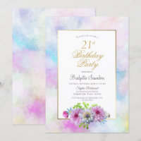 21st Birthday Blue Pink Floral Gold Pastel Border