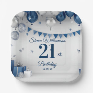 21st Birthday Blue Silver Paper Plate