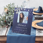 21st Birthday blue silver stars photo welcome Pedestal Sign<br><div class="desc">A welcome sign for a 21st birthday party.  A navy blue background with elegant faux silver stars. The blue colour is uneven.  Personalise and add a photo,  name and text.  White letters.</div>