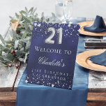 21st Birthday blue silver stars welcome party Pedestal Sign<br><div class="desc">A welcome sign for a 21st birthday party.  A navy blue background with elegant faux silver stars. The blue colour is uneven.  Personalise and add a name and text.  White letters.</div>