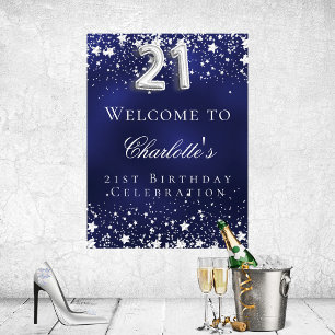 21st Birthday blue silver stars welcome party Poster