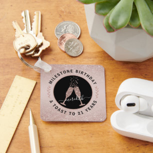  21st Birthday Blush Glitter Champagne Toast Key Ring