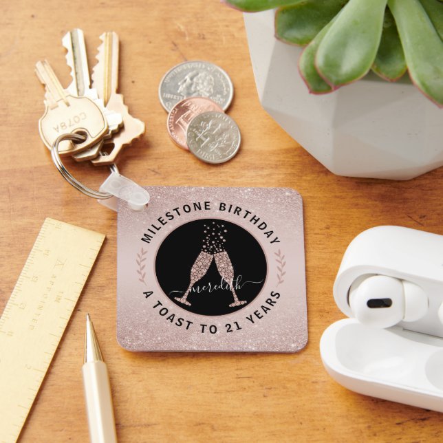  21st Birthday Blush Glitter Champagne Toast Key Ring (Desk)