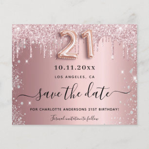 21st birthday blush glitter save the date card