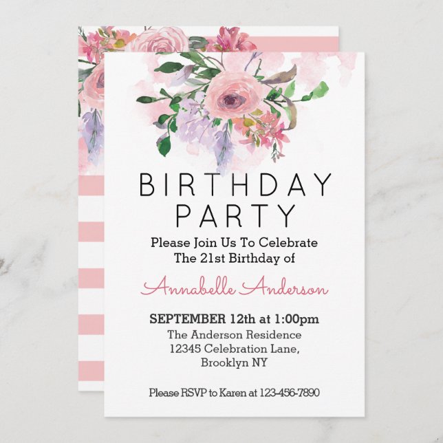 21st Birthday Blush Pink Floral Watercolor Stripes Invitation (Front/Back)