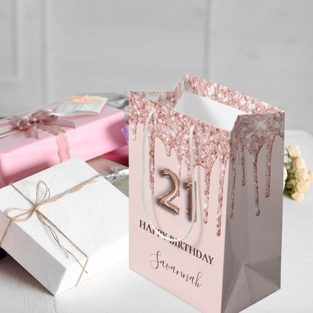 21st birthday blush pink glitter rose gold chic medium gift bag (Creator Uploaded)