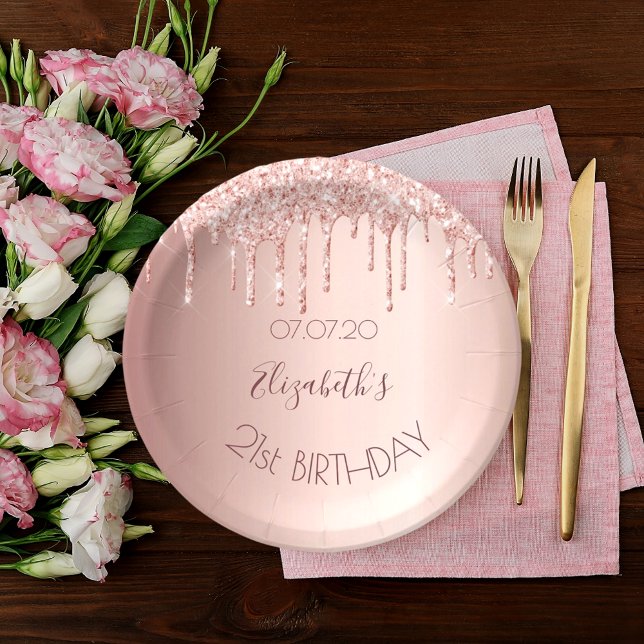 21st birthday blush rose gold glitter drips name paper plate (Creator Uploaded)