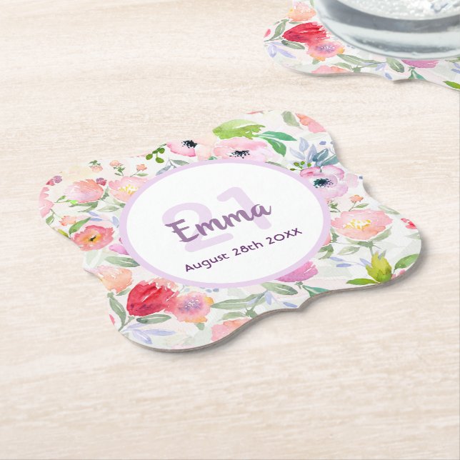 21st birthday boho pink florals monogram paper coaster (Angled)
