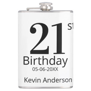 21st birthday bold letter name date simple man boy hip flask