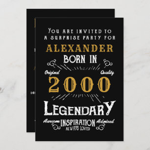 21st Birthday Born 2000 Black Gold Retro Vintage Invitation