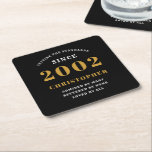 21st Birthday Born 2002 Add Name Black Gold Square Paper Coaster<br><div class="desc">Personalized Birthday add your name and year coaster. Edit the name and year with the template provided. A wonderful custom birthday party accessory. More gifts and party supplies available with the "setting standards" design in the store.</div>