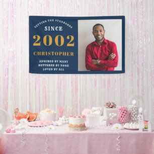 21st Birthday Born 2002 Add Name Blue Gold Photo Banner