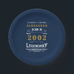 21st Birthday born 2002 Add Name Legend Blue Gold Paper Plate<br><div class="desc">Personalised birthday add your name and year paper plate. Edit the name and year with the template provided. A wonderful custom blue birthday plate. More gifts and party supplies available with the "Legendary" design in the store.</div>