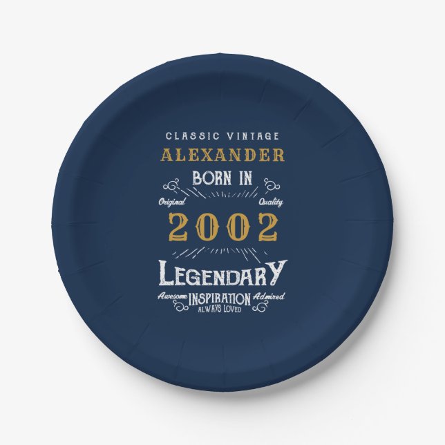 21st Birthday born 2002 Add Name Legend Blue Gold Paper Plate (Front)
