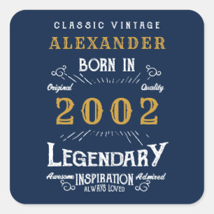 21st Birthday born 2002 Add Name Legend Blue Gold Square Sticker