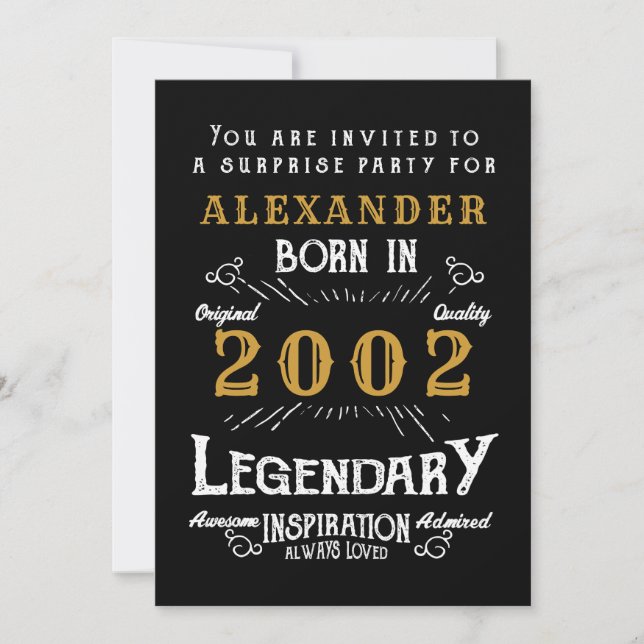 21st Birthday Born 2002 Black Gold Retro Invitation (Front)