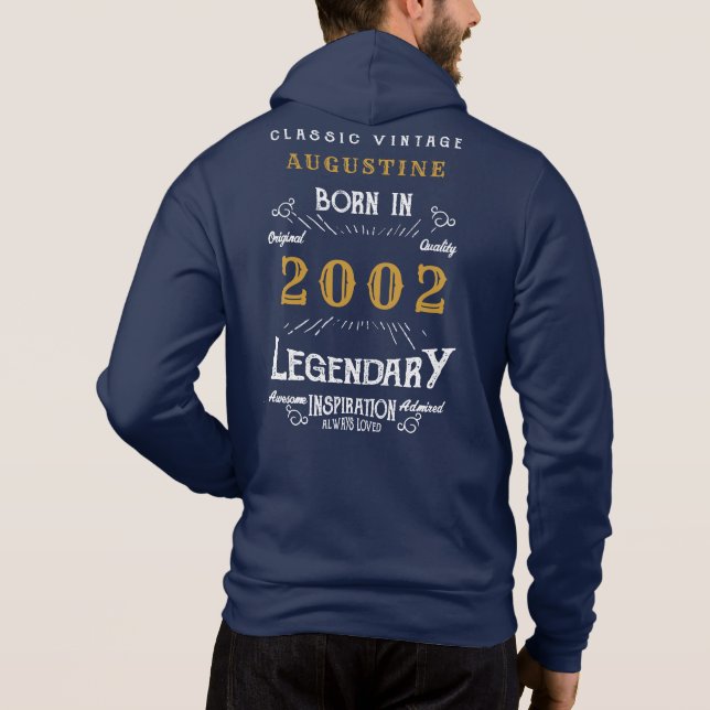 21st Birthday Born 2002 Blue Gold Retro Legend Hoodie (Back)