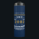 21st Birthday Born 2002 Legend Blue Gold Add Name Thermal Tumbler<br><div class="desc">Birthday "Original Quality Legendary Inspiration" thermal tumbler. Add the name and year as desired in the template fields creating a unique birthday celebration item. Team this up with the matching gifts,  party accessories,  and clothing available in our store www.zazzle.com/store/thecelebrationstore</div>