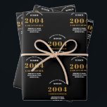 21st Birthday born 2004 Add Name Black Gold Wrapping Paper Sheet<br><div class="desc">A personalised wrapping paper design for that birthday celebration for a special person. Add the name to this vintage retro style black and gold design for a custom birthday gift. Easily edit the name and year with the template provided. A wonderful custom birthday gift. More gifts and party supplies for...</div>