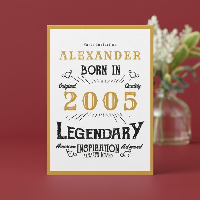 21st Birthday Born 2005 White Gold Legend Invitation (Born 2005 birthday invitation.)