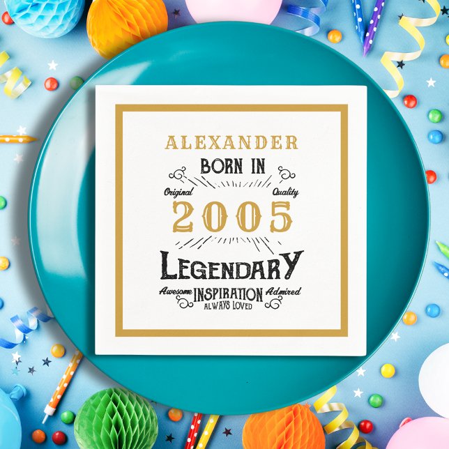 21st Birthday Born 2005 White Gold Legend Napkin (Born 2005 Napkin on a blue plate.)