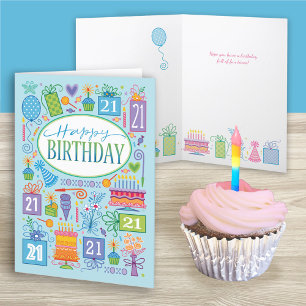21st Birthday Bright Pastel Icons On Blue Card