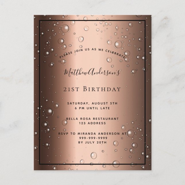 21st Birthday bronze brown black bubble invitation Postcard (Front)