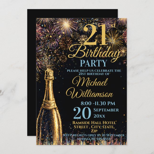21st Birthday Bubbly Fireworks Gold Blue Invitation (Front/Back)