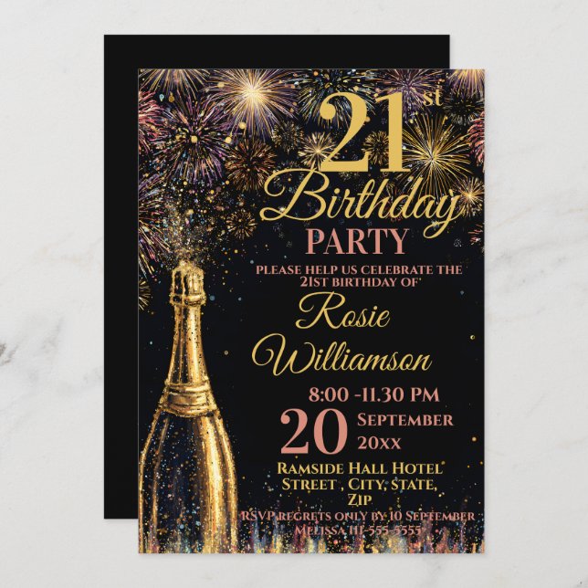 21st Birthday Bubbly Fireworks Gold Pink Invitation (Front/Back)