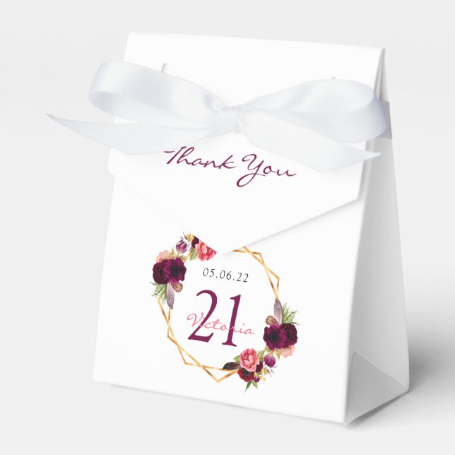 21st Birthday burgundy geometric floral white Favour Box (Front Side)
