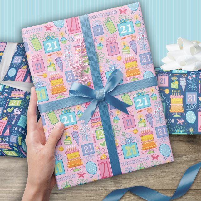 21st Birthday Cake Balloons Hat Presents Flowers Wrapping Paper (Creator Uploaded)