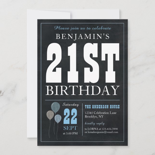 21st Birthday Chalkboard Blue Balloon Rustic Chic Invitation (Front)